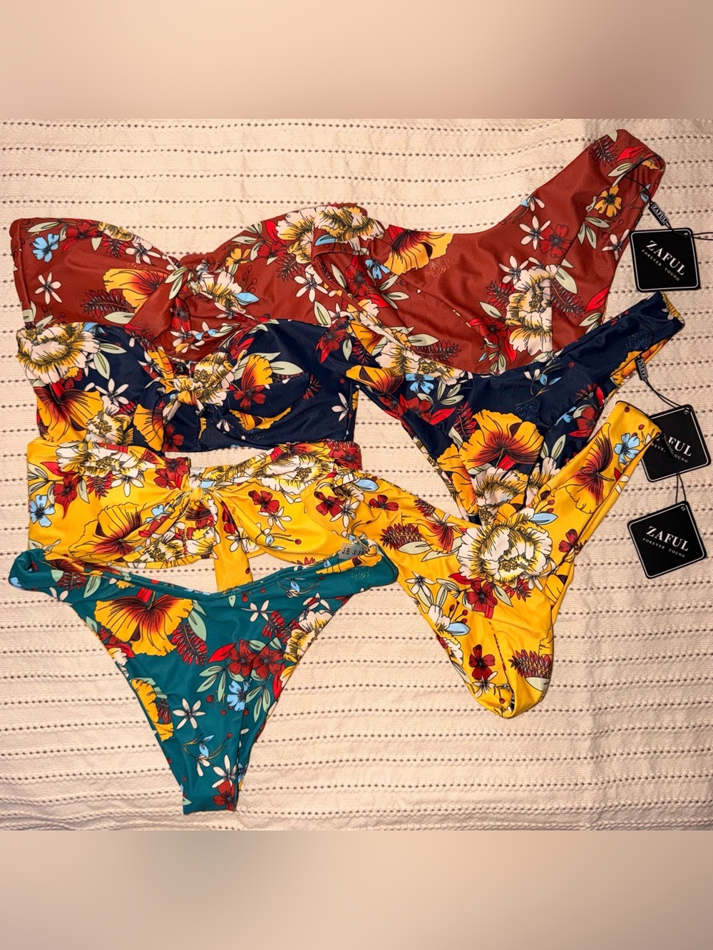 Zaful Floral Tie-Detail Bikini Set in Yellow, Navy, rust & Teal